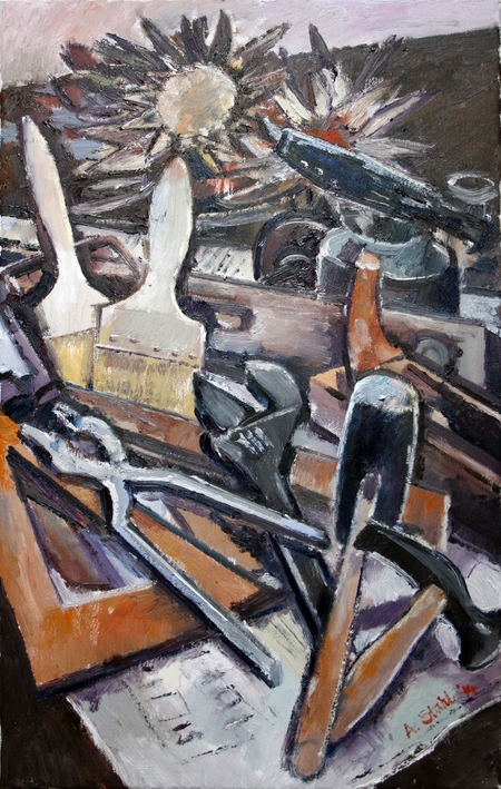 Ölbild: Werkzeug und Artischocken, 2014