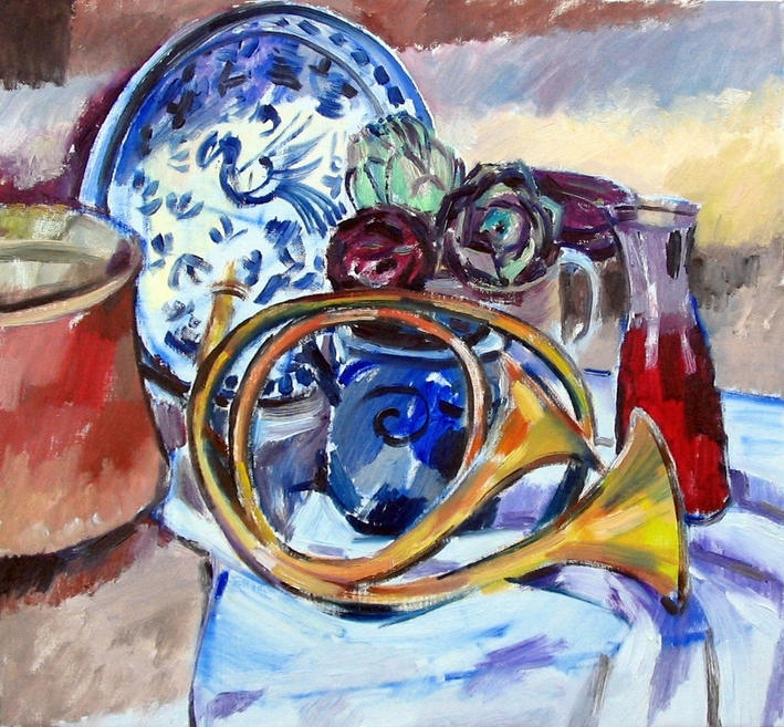 Ölbild: Stilleben mit Hörnern