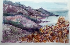 Disteln vor Küstenlandschaft (Aquarell)