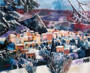 Ölbild: Roccalbegna bei Schnee, Privatbesitz