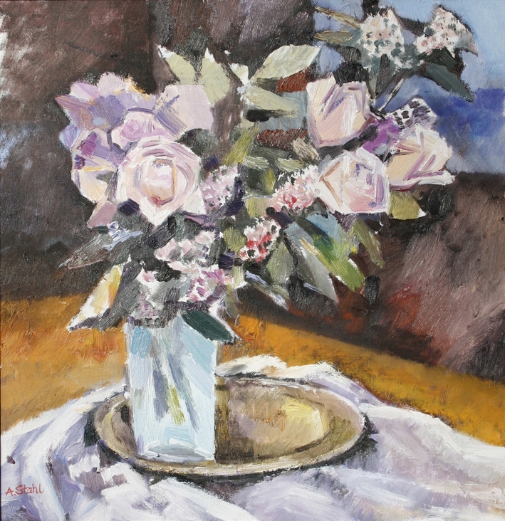 Ölbild: Stillleben mit weißen Rosen