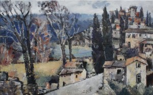Ölbild: Toskanisches Städtchen im Herbst
