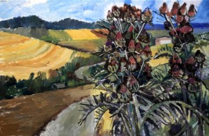 Ölbild: Große Disteln im Hügelland