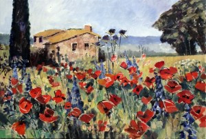 Ölbild: Brachland mit Mohnblumen