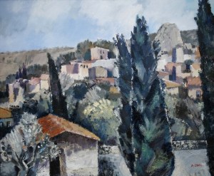 Ölbild: Roccalbegna, Häuser und Natur