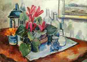 Alpenveilchen mit Flaschen